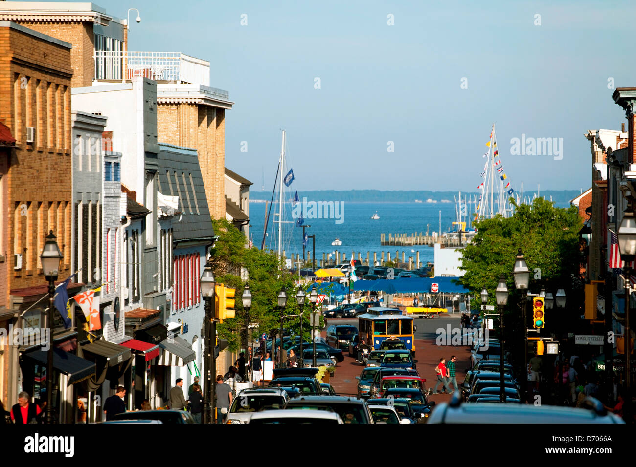 Looking down Main Street in Downtown Annapolis with the Chesapeake