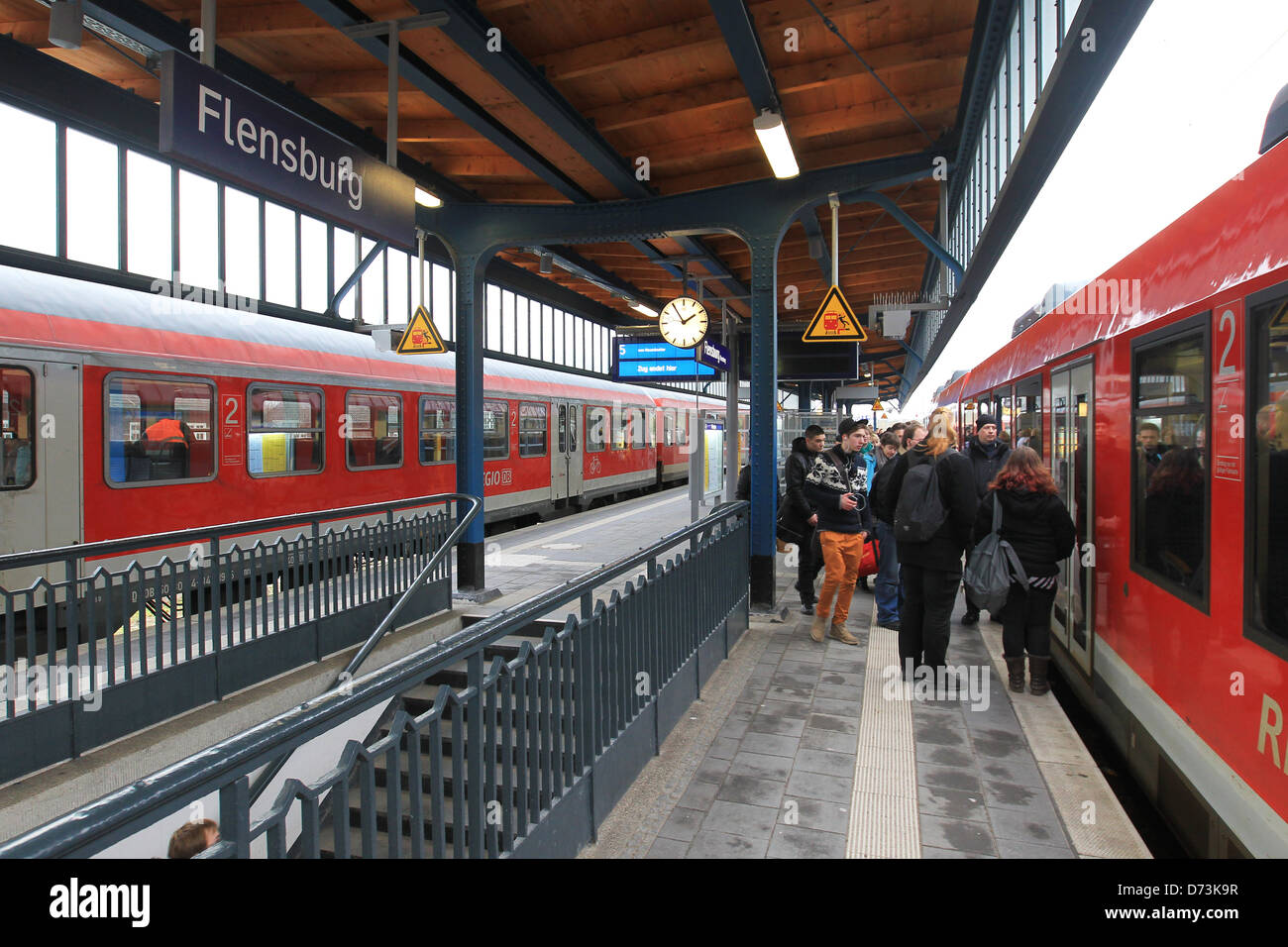 Flensburg, Germany, passengers on the platform at Flensburg Station