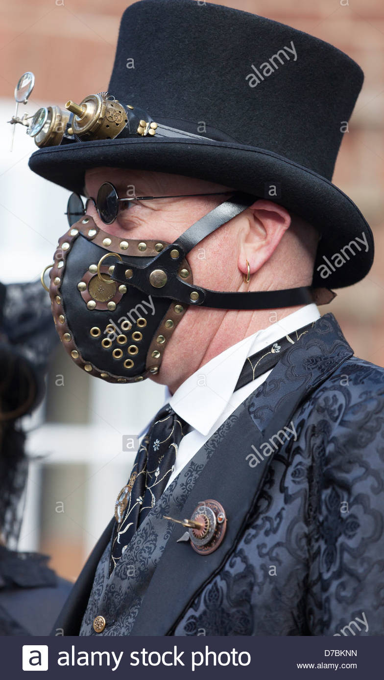 Whitby Goth Weekend 27 April 2013 . Man in Steampunk Costume . Whitby