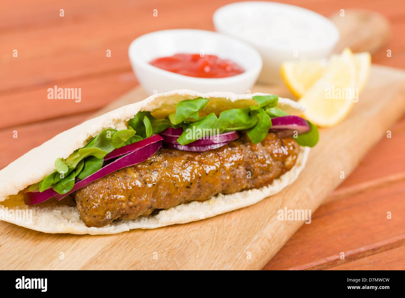 Seekh Kebab in Pita Bread Grilled minced meat kebab sandwich Stock Photo, Royalty Free Image
