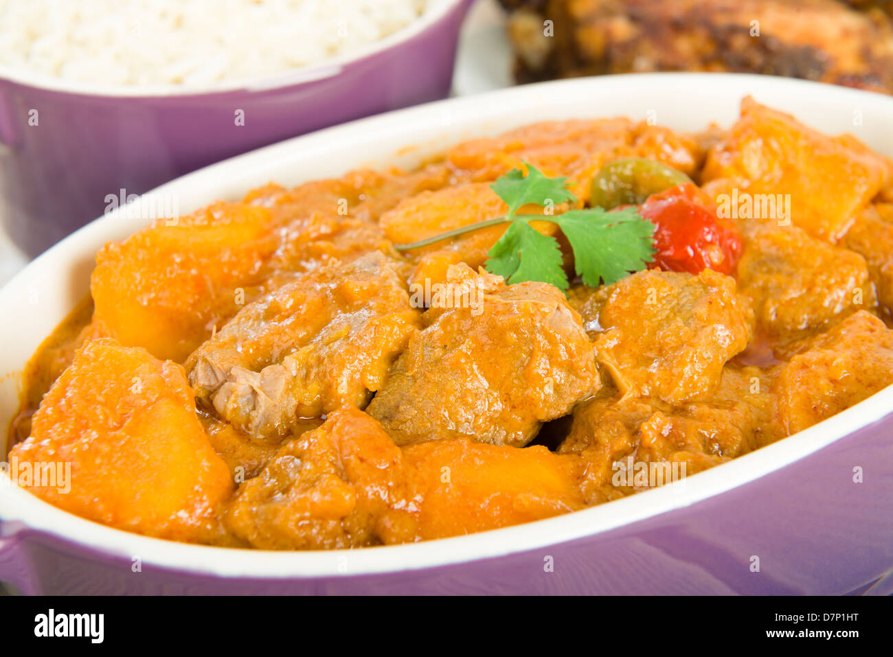 Lamb And Sweet Potato Peanut Stew Served With White Rice Jerk Chicken Caribbean West African Traditional Dishes Lamb And Sweet Potato Peanut Stew Served With White Rice Jerk Chicken Caribbean West African Traditional Dishes