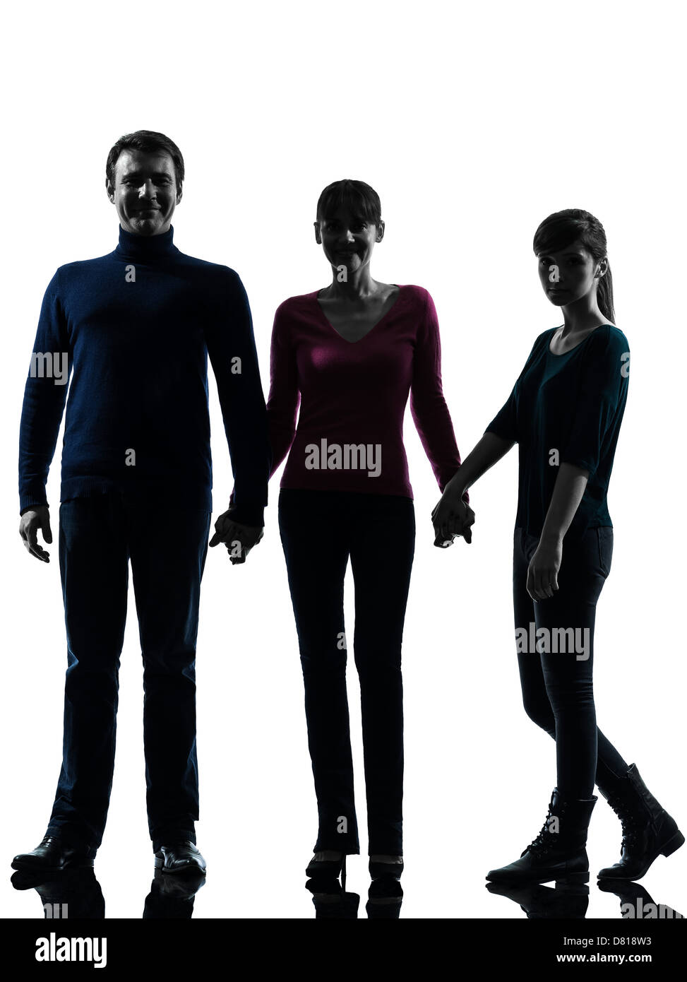 one family father mother daughter man holding hands in silhouette studio isolated on white background