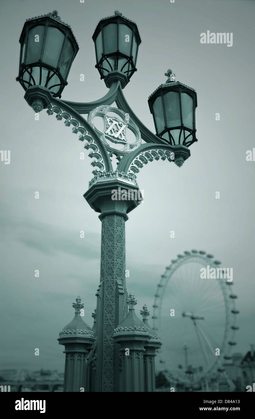 An Ornate Street Lamp On Westminster Bridge With London Eye In The