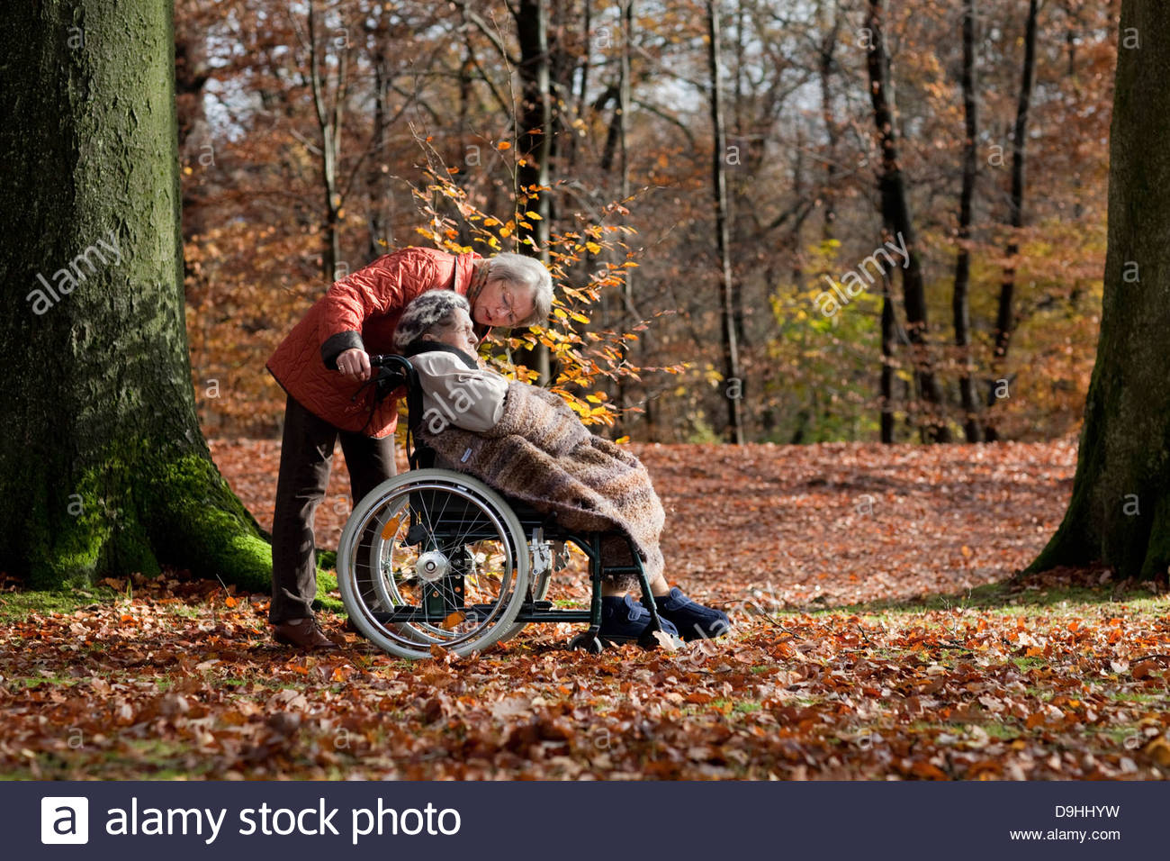 Daughter pushing her old disabled mother on a wheelchair in a forest