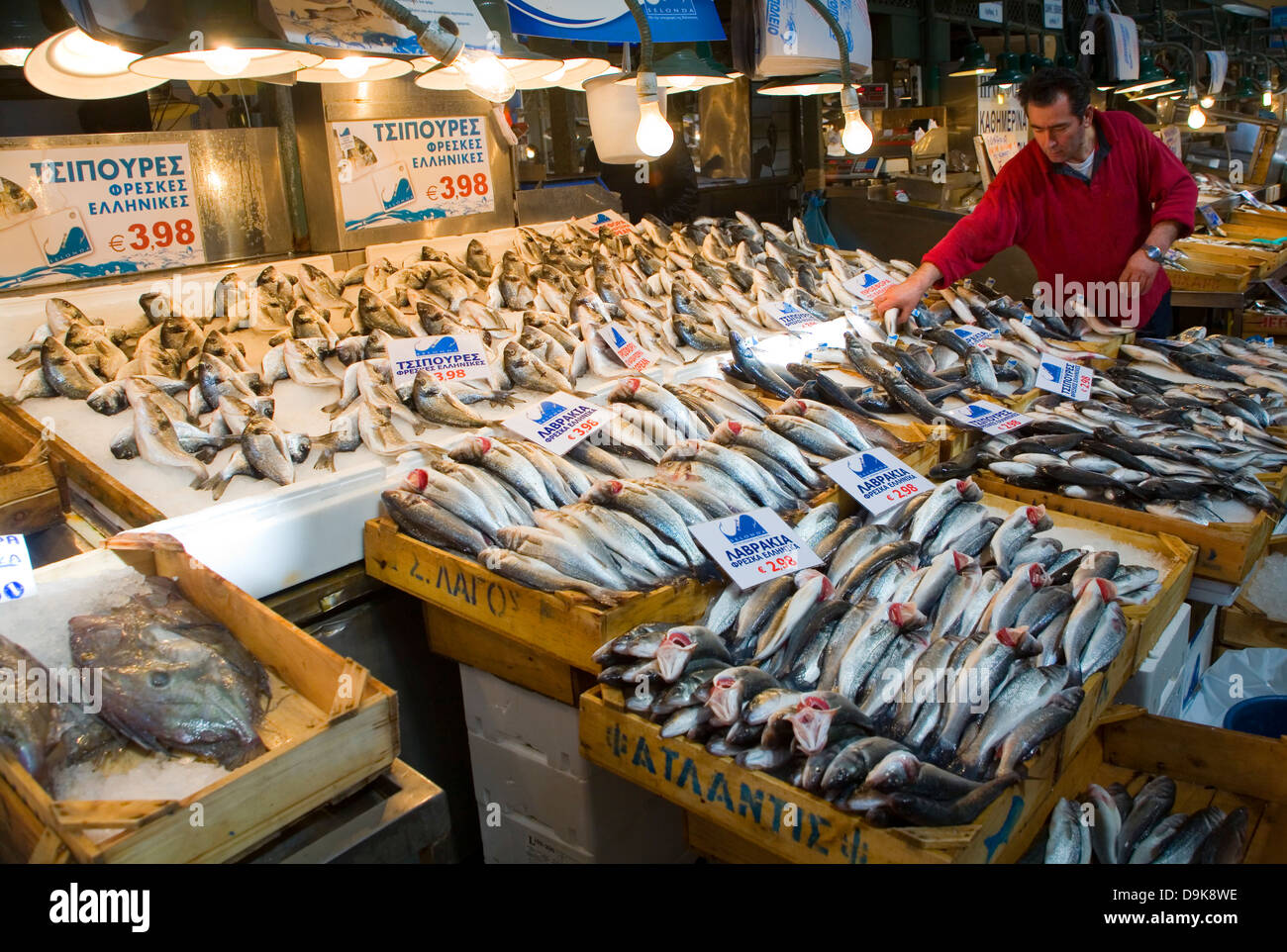 Fish shop in fish market. Athens, Greece, Europe Stock Photo, Royalty