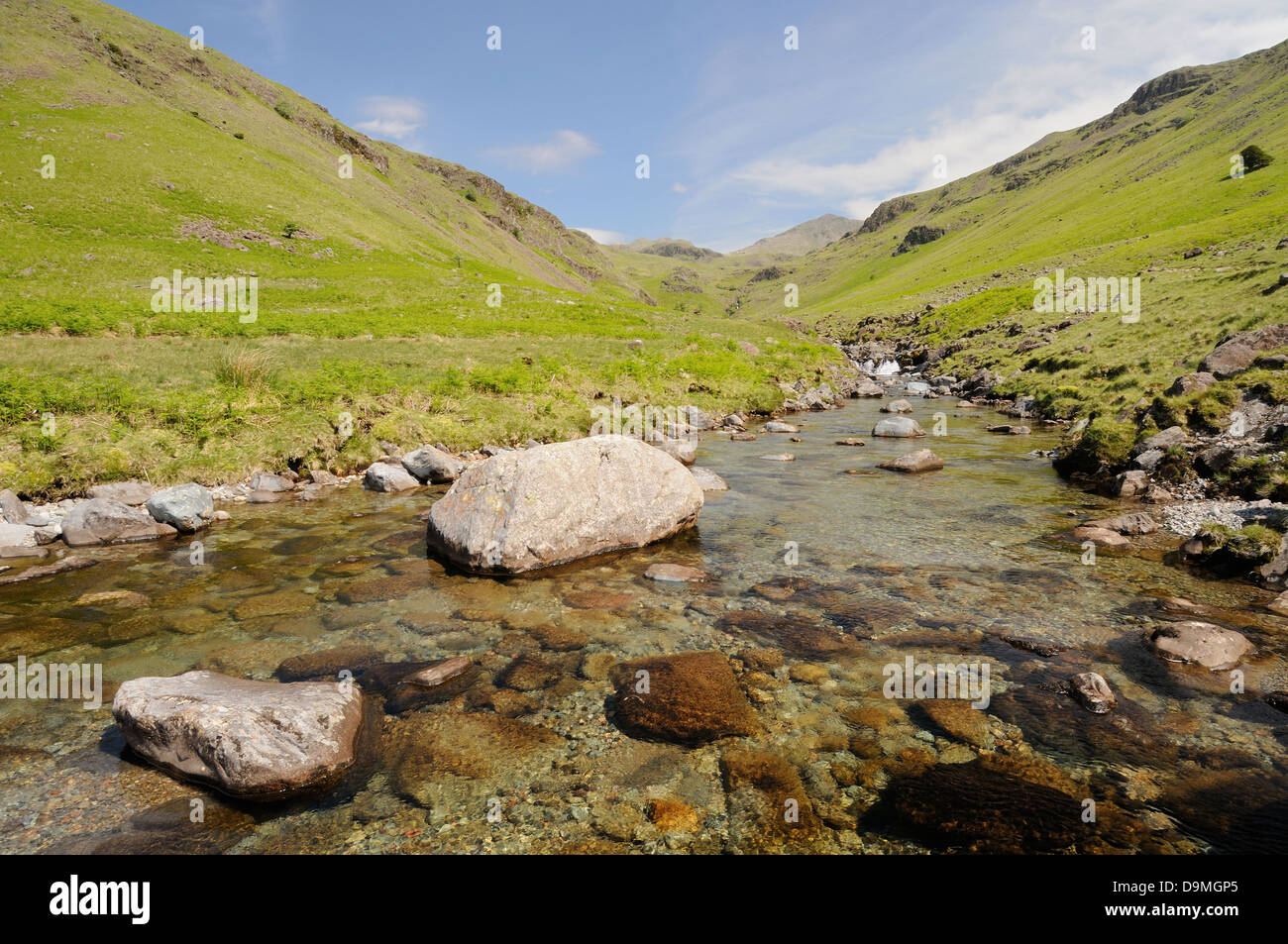 Clear water of the RIver Esk in Upper Eskdale in summer, English Lake