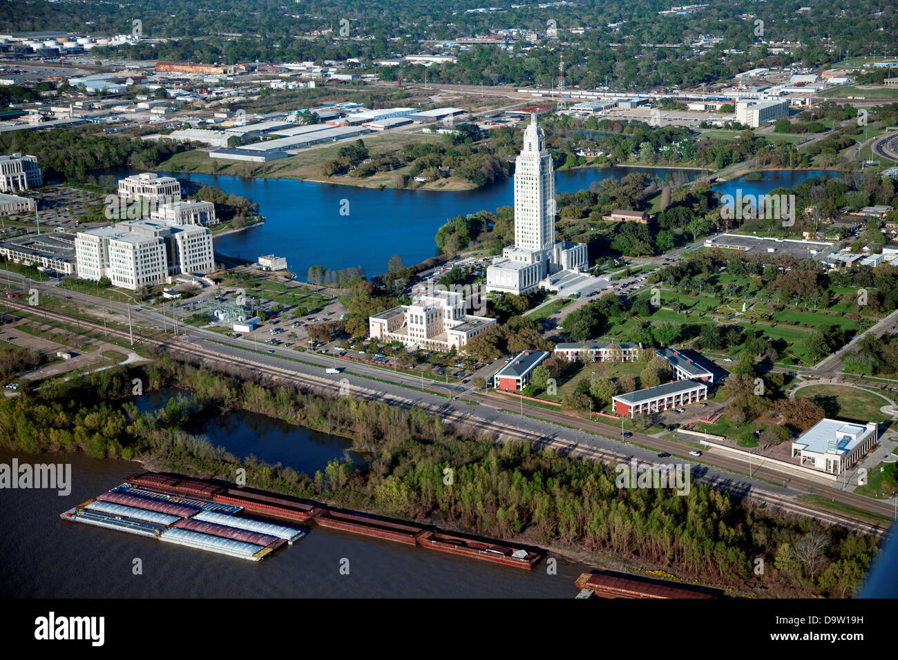 Aerial of The Louisiana State Capitol Building with Capitol Lake Stock Photo, Royalty Free Image