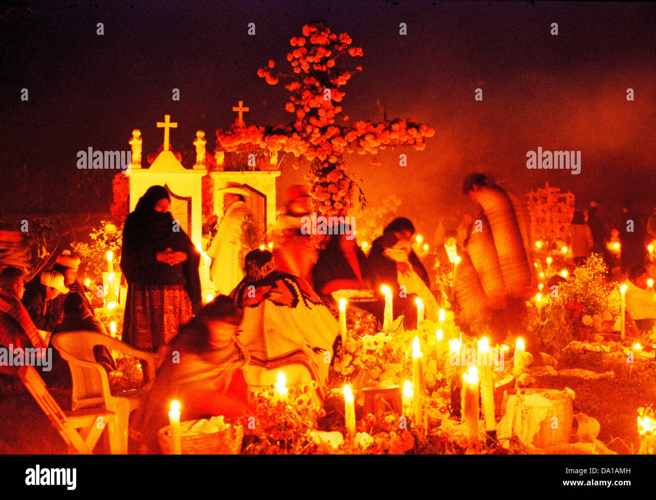 Graveside vigil with candles, Festival Day of the Dead, Michoacan Stock