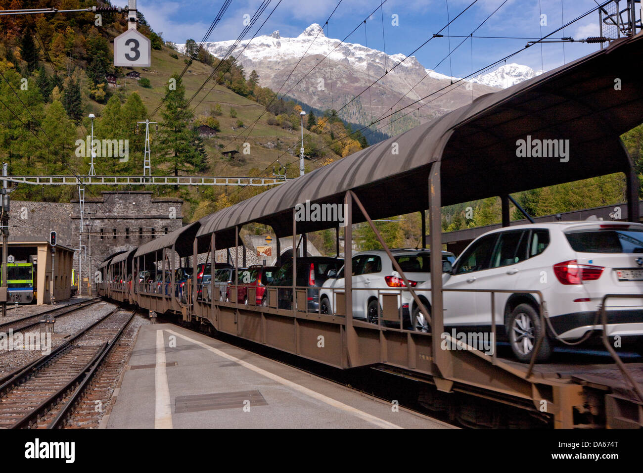 Tunnel, entrance, Goppenstein, VERSUS, road, railway, train Stock Photo