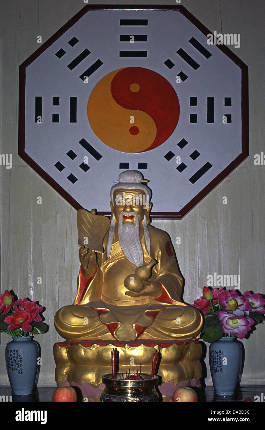 Taoist altar with Bagua diagram in background inside Changchun temple