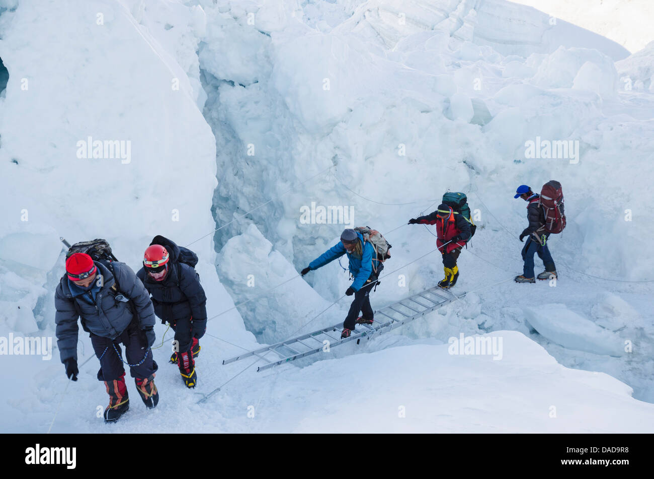 Crossing ladders on the Khumbu icefall on Mount Everest, Solu Khumbu