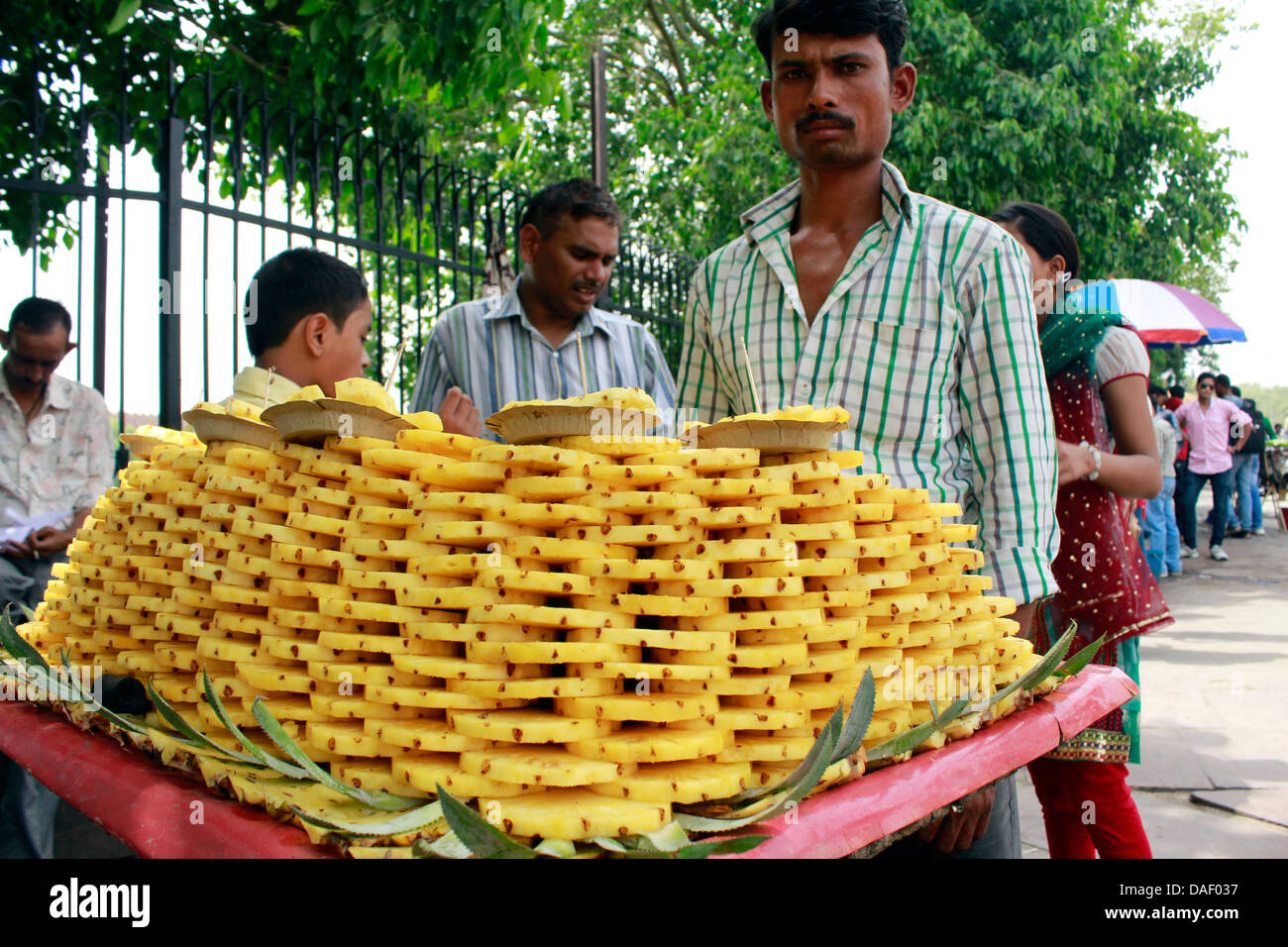 local street vendor selling pineapple slices in new delhi india Stock