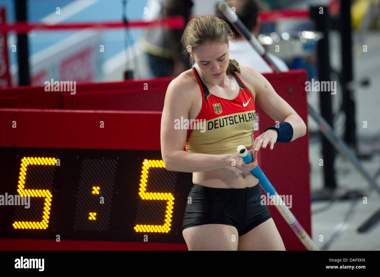 Germany's Silke Spiegelburg competes in the pole vault qualifications