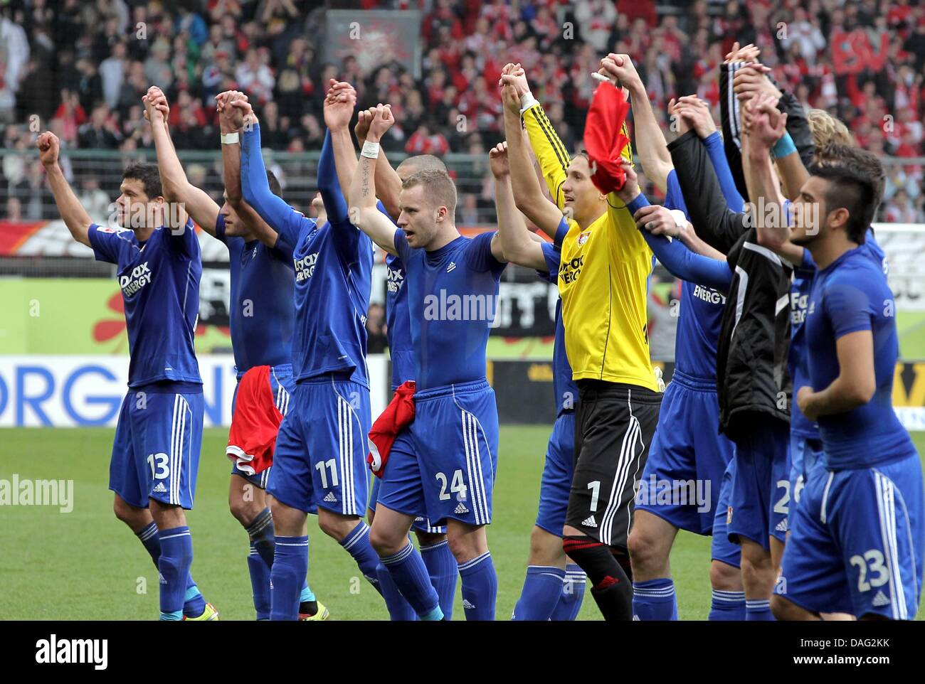 Leverkusen's players celebrate their 10 win in the Bundesliga match Stock Photo, Royalty Free
