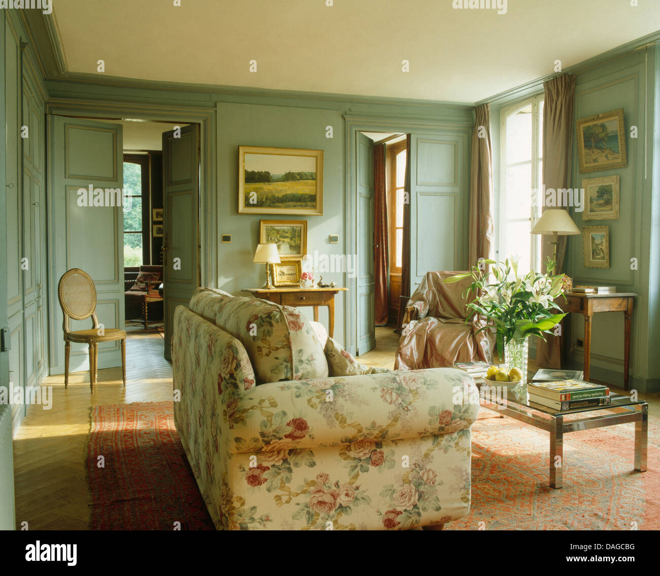 Floral Sofa In French Country Living Room With Gray Green Painted