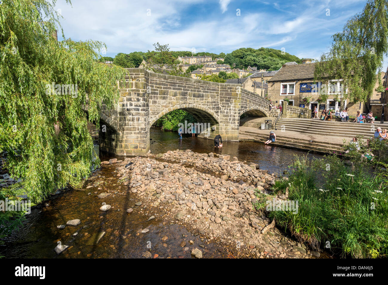 The ancient Pack Horse bridge over the river Calder at Hebden Bridge