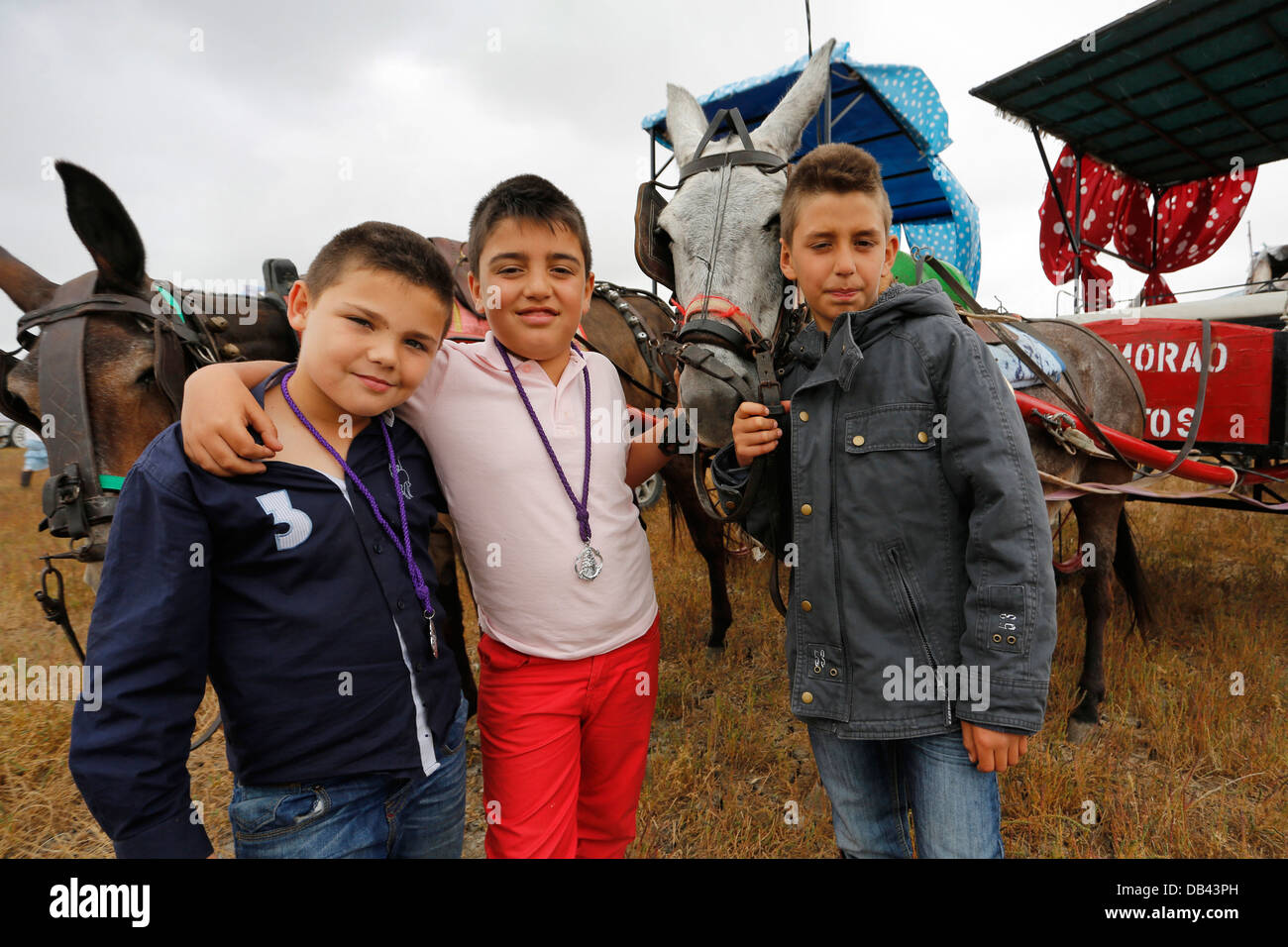 Spanish boys standing with horsedrawn cart in Andalusia, Spain Stock