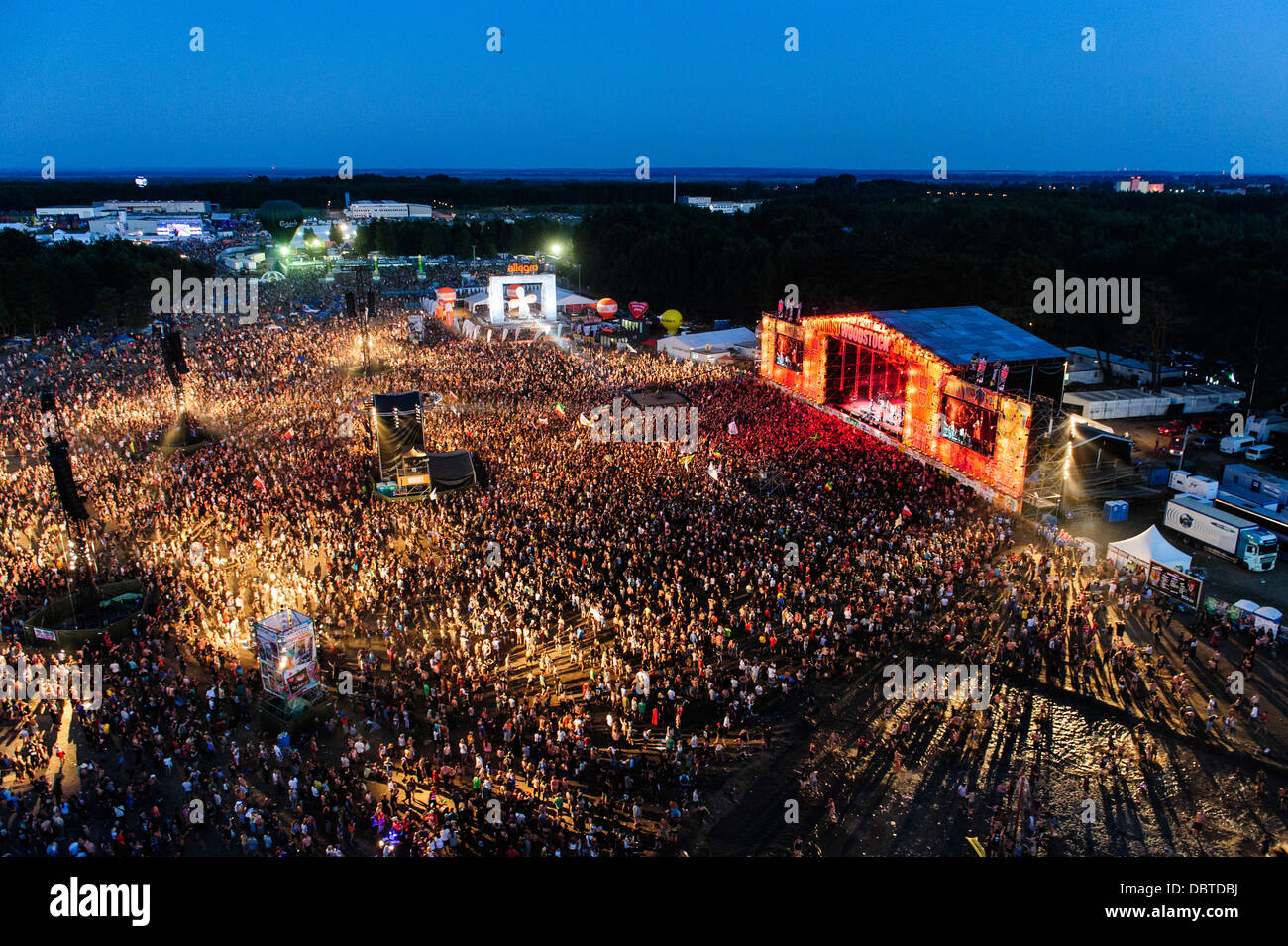 Aerial view of over 400,000 people at the Woodstock Music Festival, New