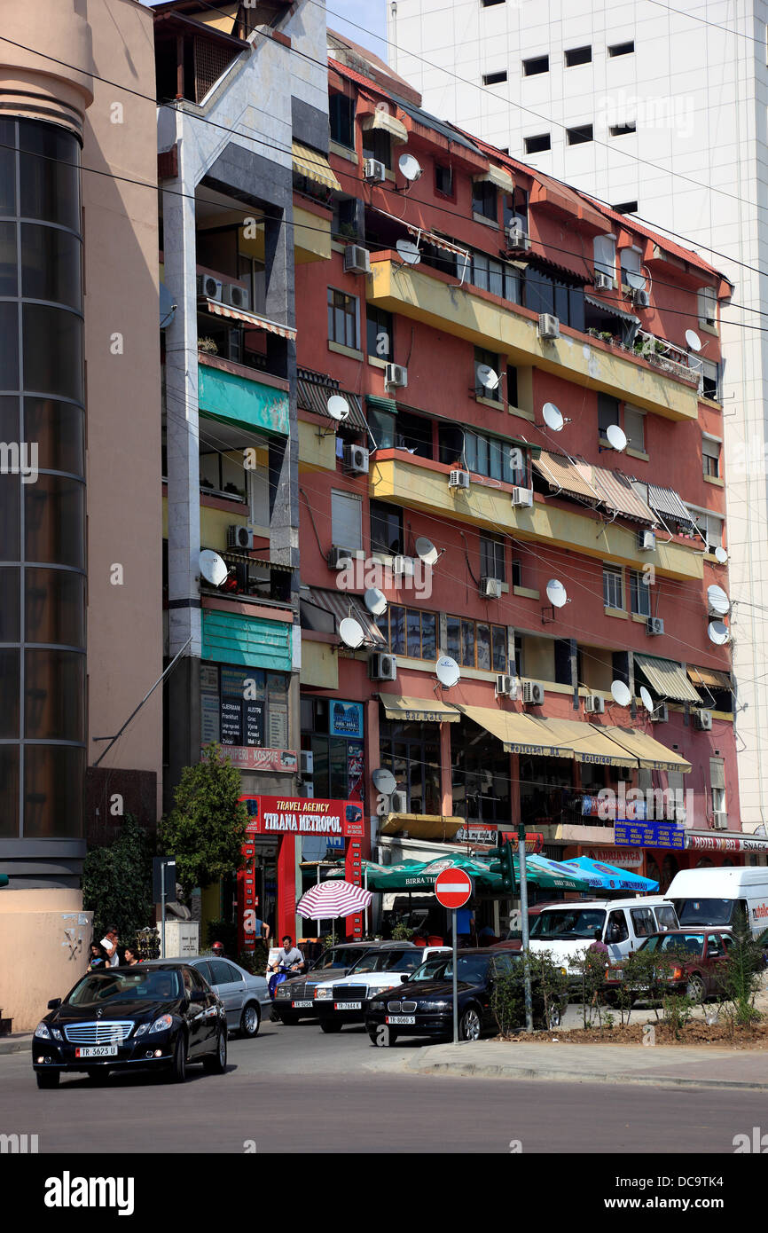 Tirana, Albania, houses and shops at the street Boulevard Zogu i Pare