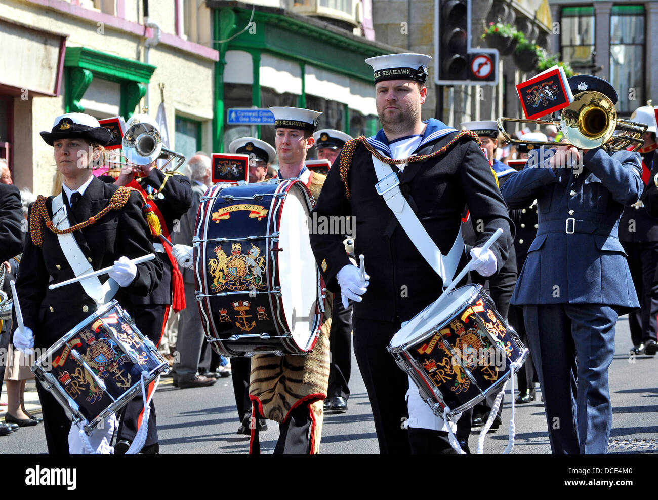The Royal Navy Band marching through the streets of Helston in Stock
