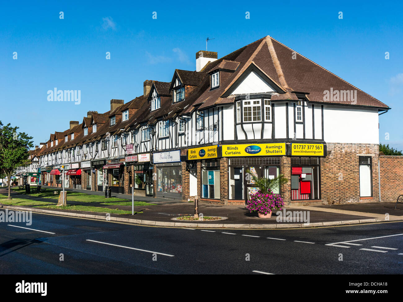 Parade of shops on Banstead village High Street, on a quiet Sunday