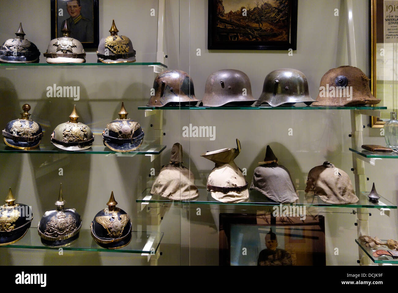 German First World War One helmets in the WW1 Memorial Museum Stock