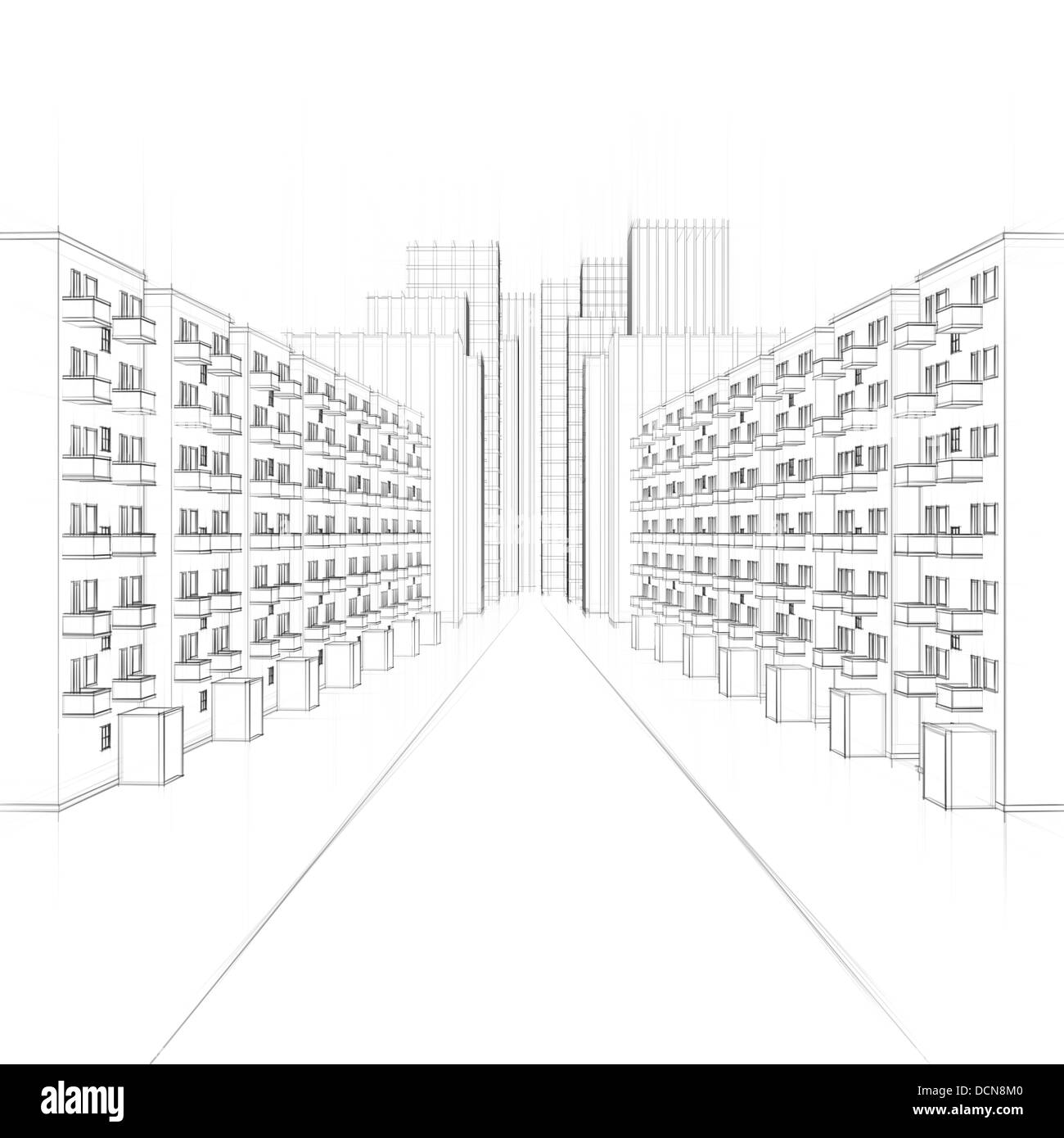line drawing of an urban street with apartment houses Stock Photo ...