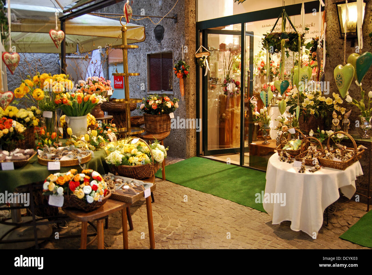 Flower displays inside a flower shop, Salzburg, Austria, Europe Stock Photo, Royalty Free Image
