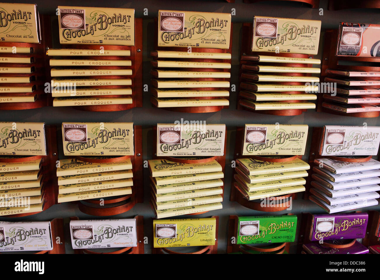 Chocolate bars on display in Chocolat Bonnat in FrankfurtamMain Stock