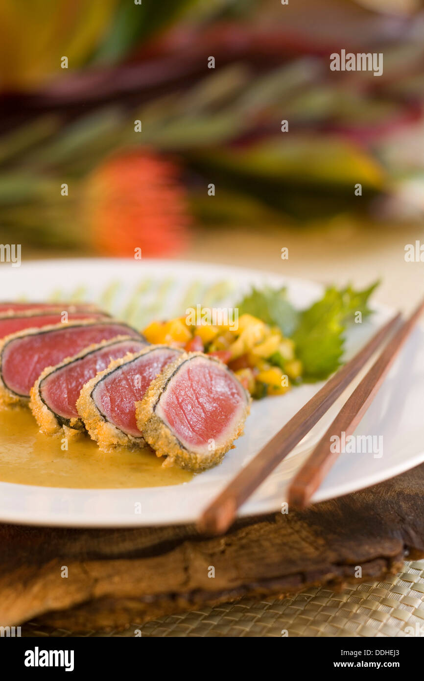 Hawaii Regional Cuisine, fine dining appetizer, tempura style sashimi