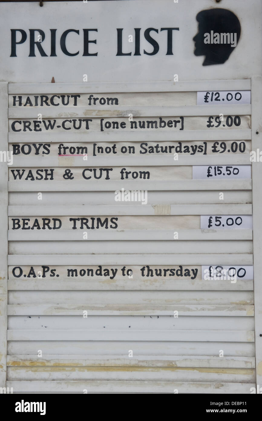 A traditional barber shop price list Stock Photo, Royalty Free Image