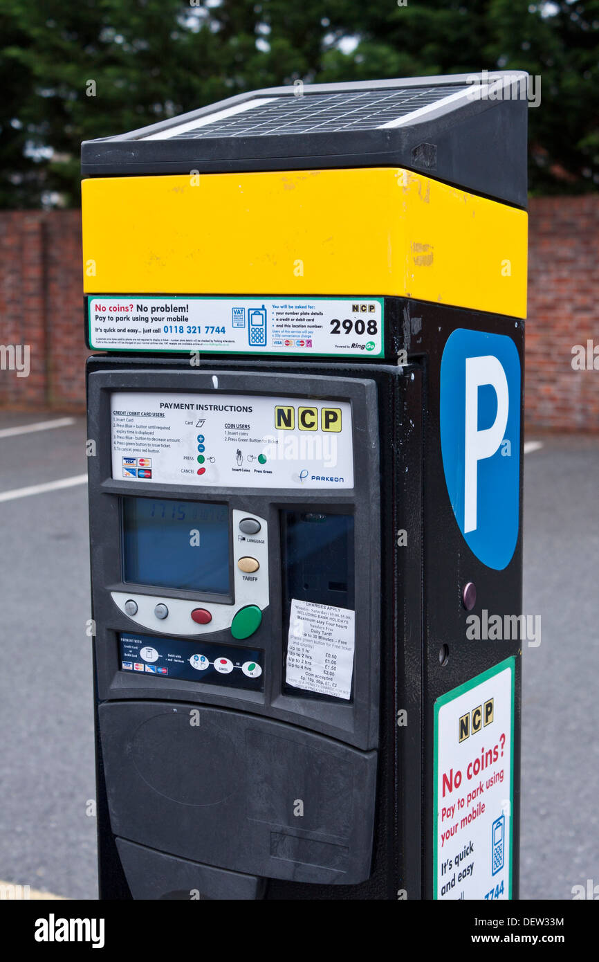 Pay & display ticket machine in a UK car park powered by solar Stock
