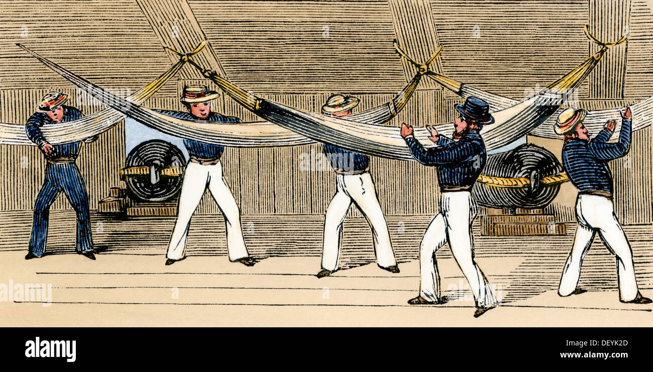Sailors lashing their hammocks on a British man o'war, 1850s Stock