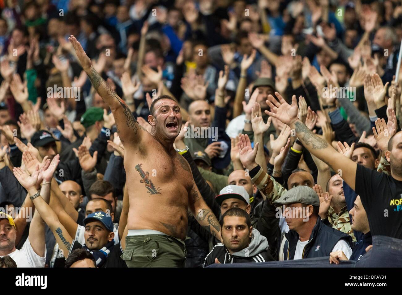 London, UK. 01st Oct, 2013. Travelling Napoli fans ahead of the UEFA