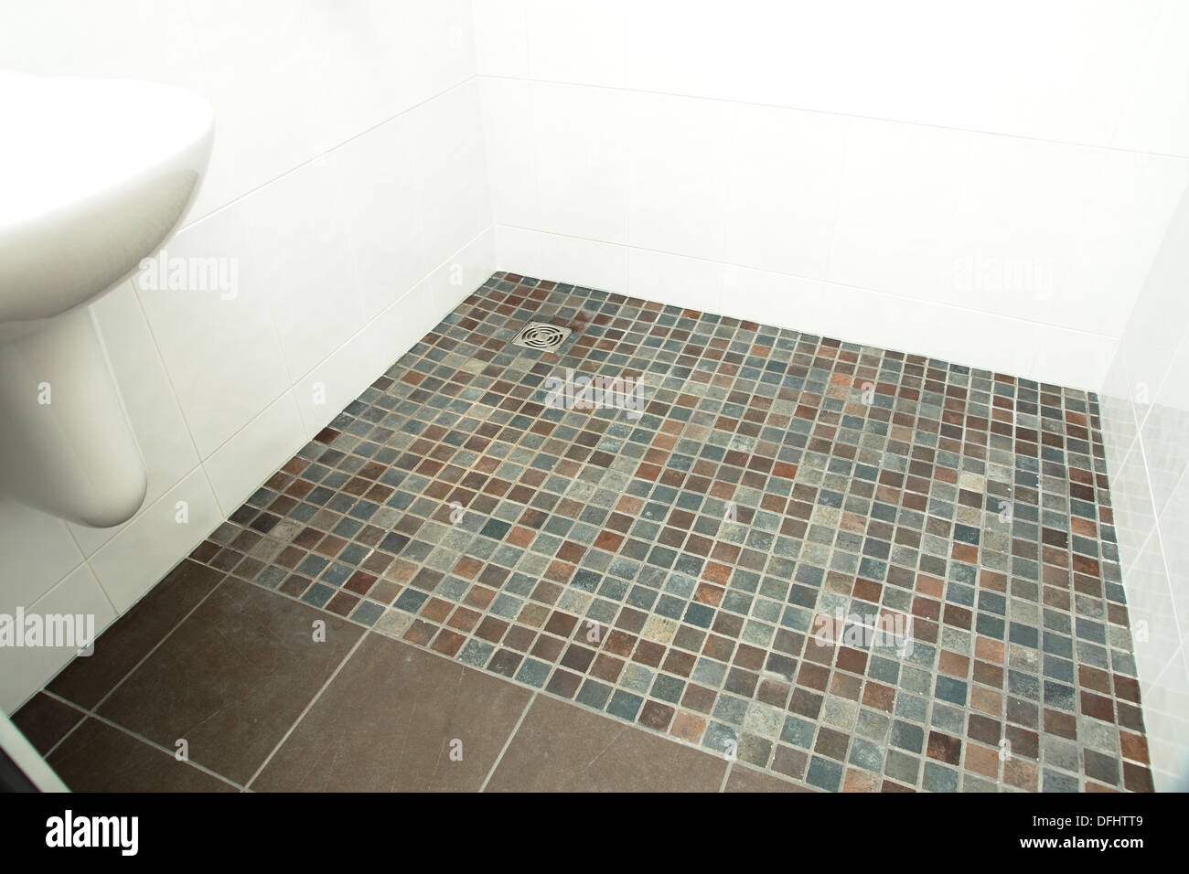 A specially adapted wet room shower \/ bathroom with non slip tiles Stock Photo, Royalty Free 