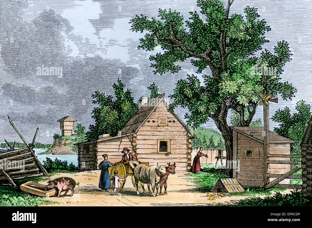 Family of settlers at their log cabin near Harrisburg PA, 1700s Stock