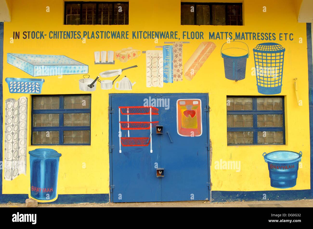Street scene with handpainted shop signs, Lusaka, Zambia Stock Photo