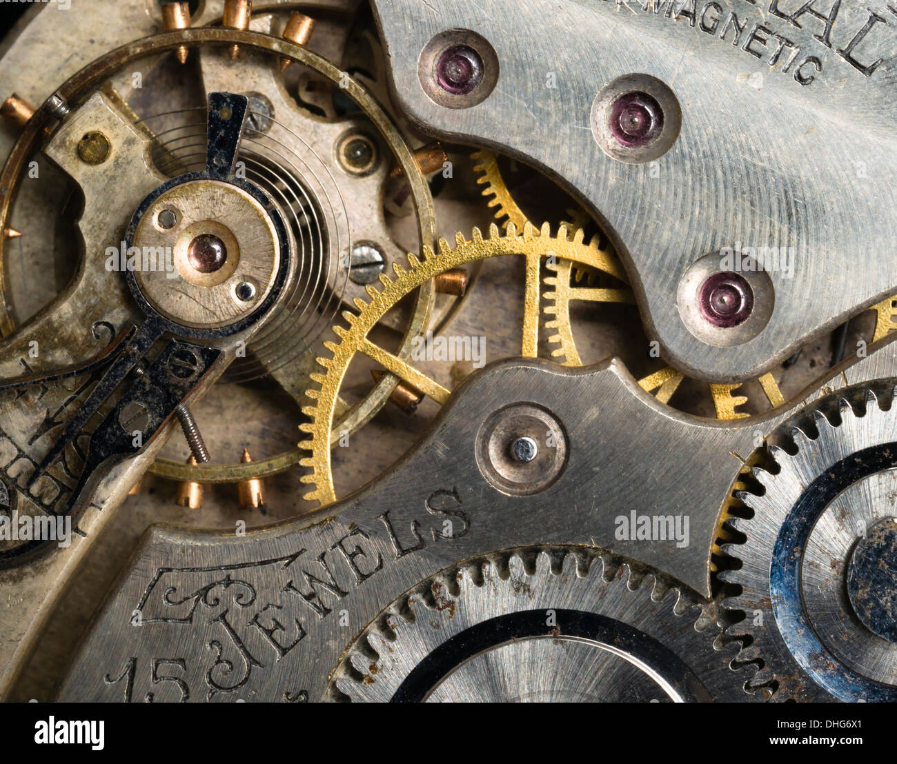 A single 15 jewel pocket watche detail inside gears Stock Photo