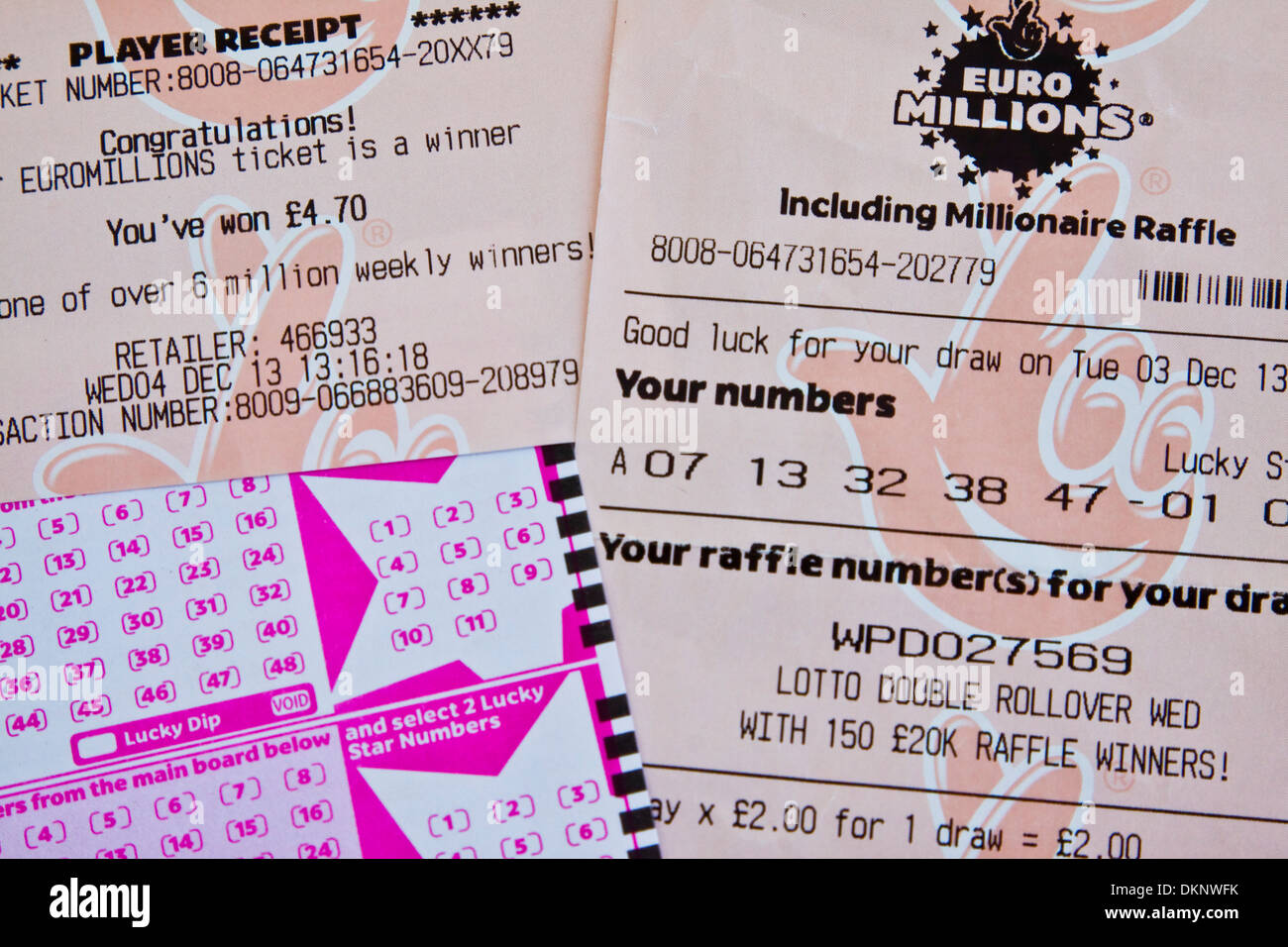 National lottery euro millions ticket, game slip and winning receipt
