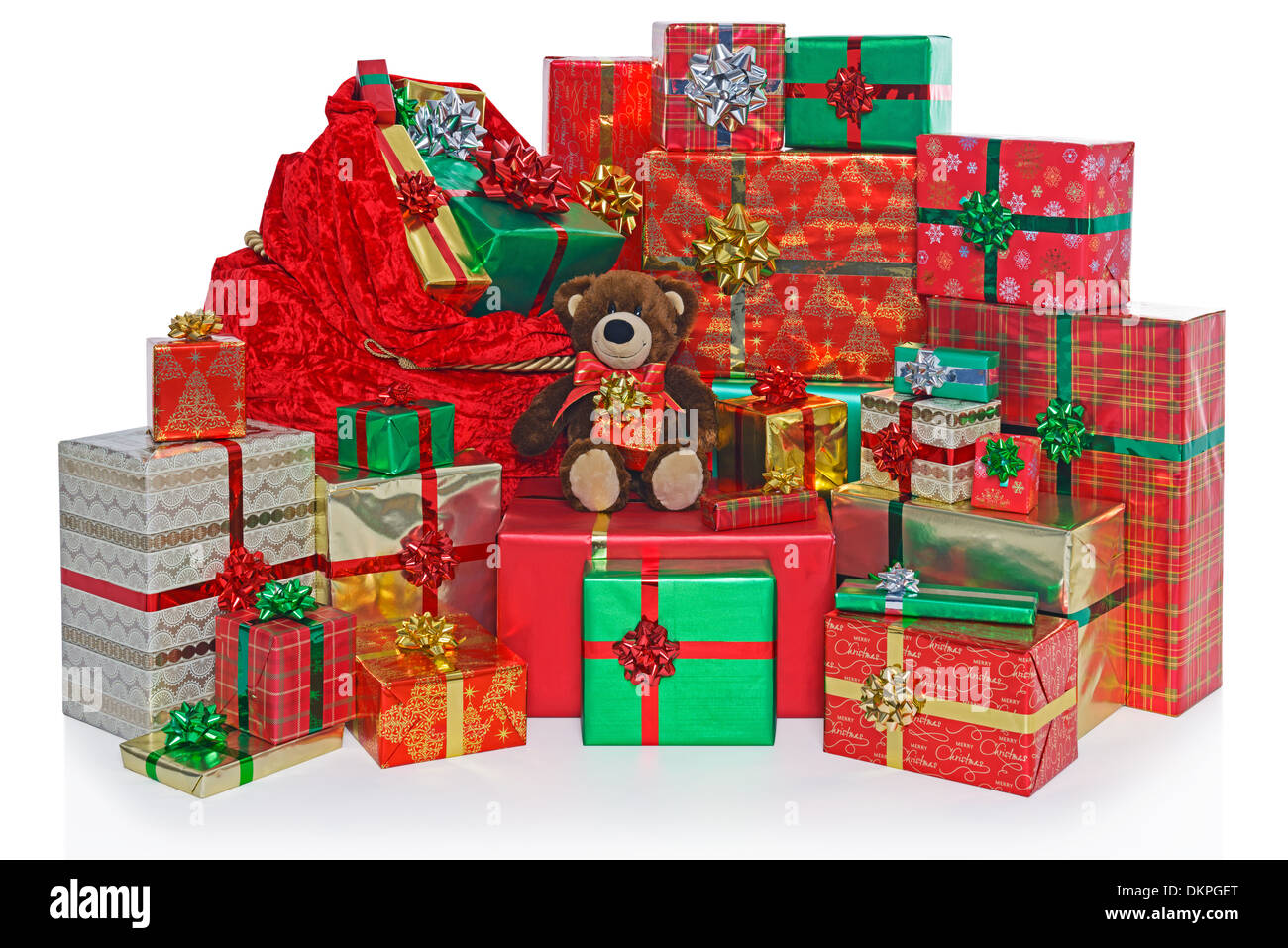 a sack and group of gift wrapped christmas presents with a a sack and group of gift wrapped christmas presents with a