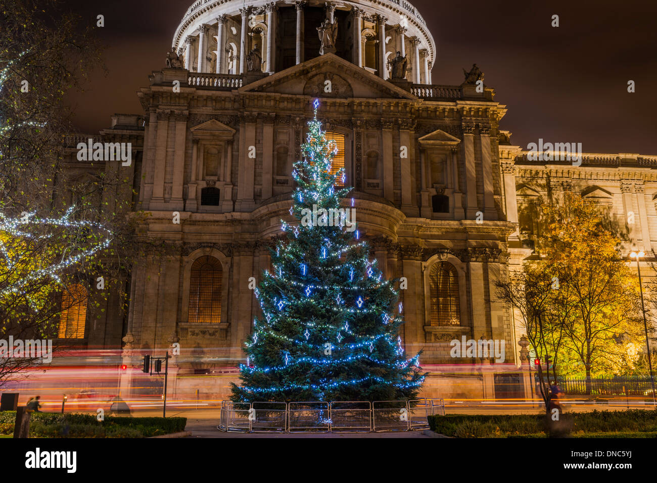 St Paul's cathedral with Christmas tree at night, London, UK Stock