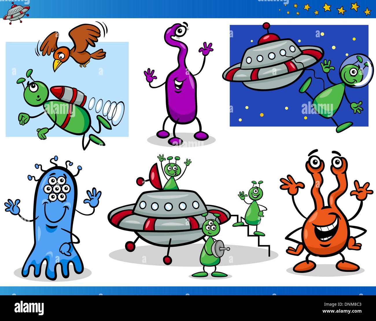 Cartoon Illustrations Set Of Fantasy Aliens Or Martians Comic Mascot