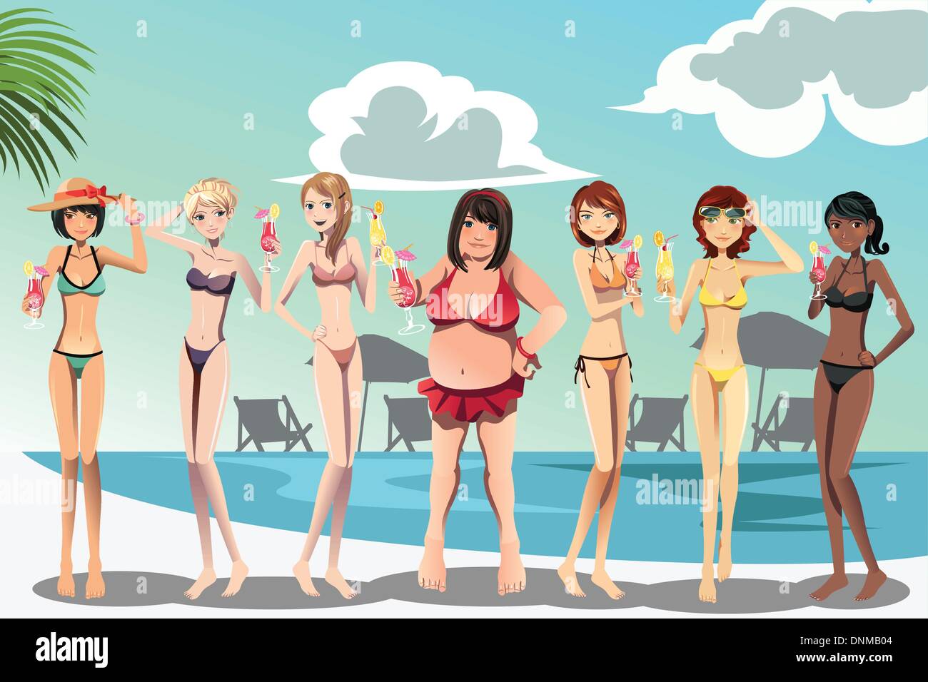 A Vector Illustration Of A Large Woman And Skinny Women In Bikini Stock