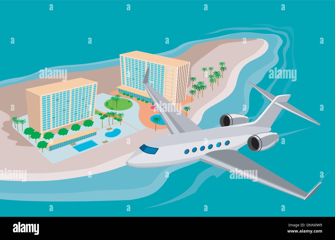 Illustration Of An Airplane Flying Over An Island Beach Resort Done In