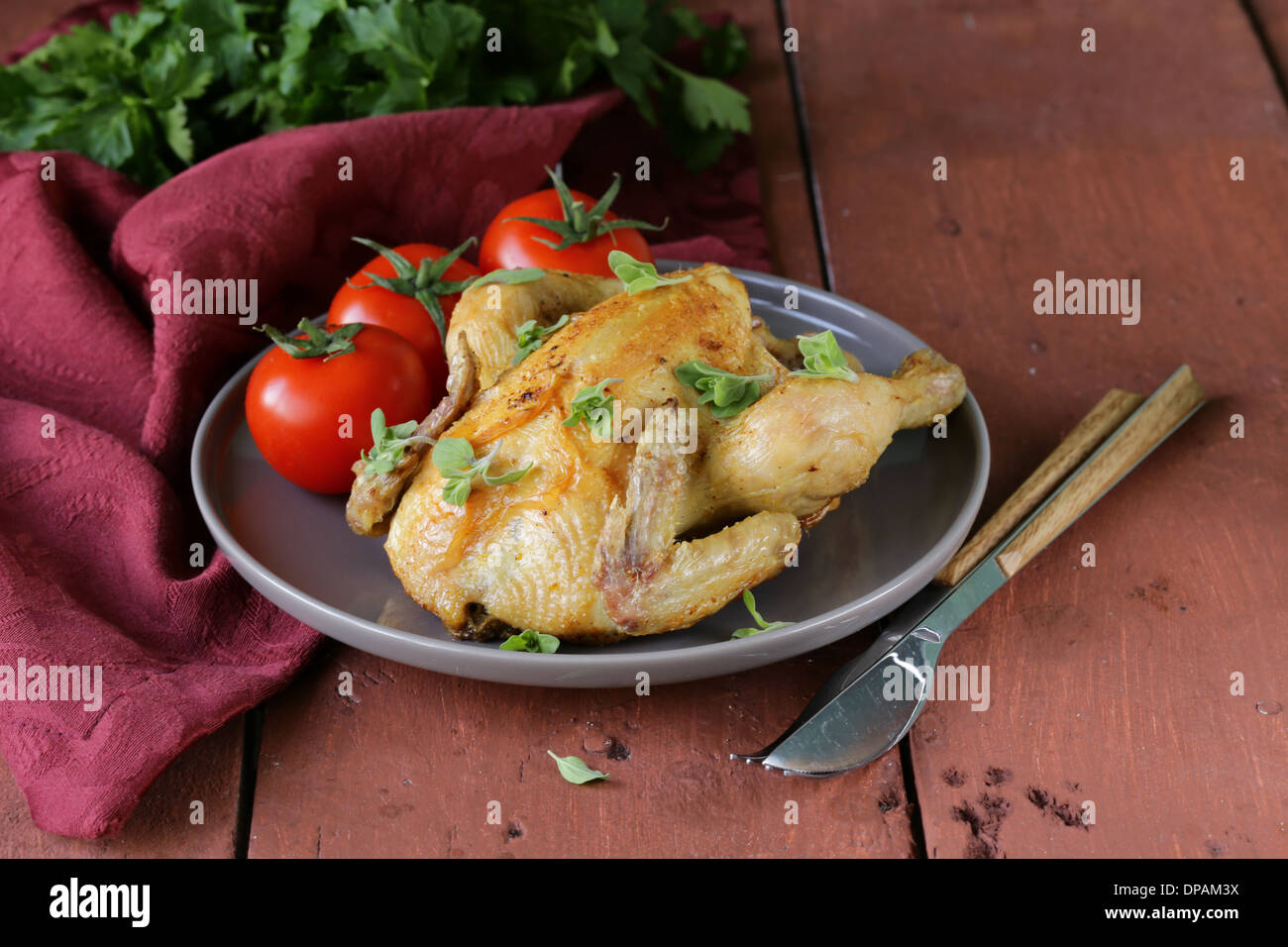 Homemade Roasted Chicken With Herbs And Spices Stock Photo Alamy