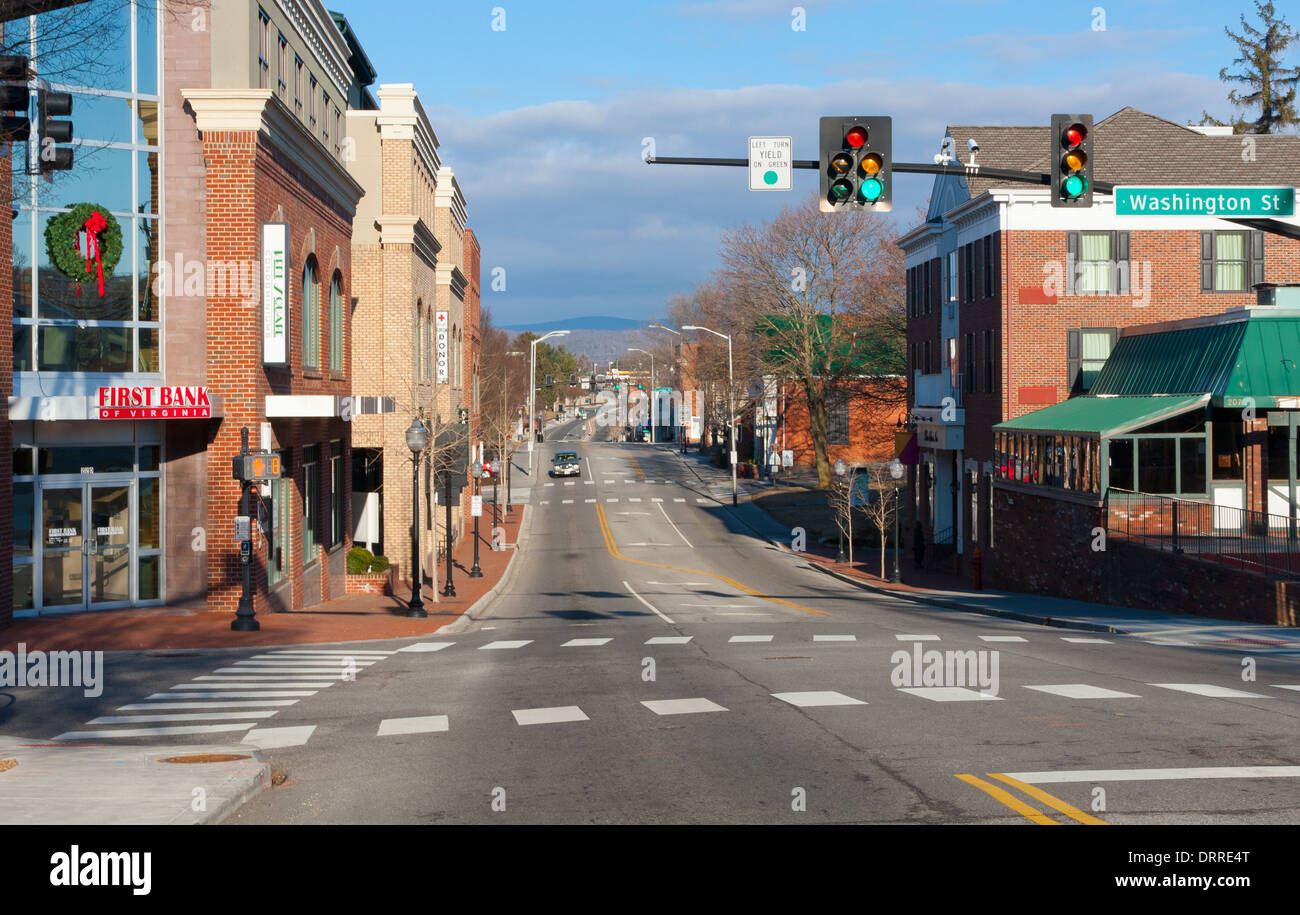 Looking down Main Street in downtown Blacksburg, Virginia Stock Photo