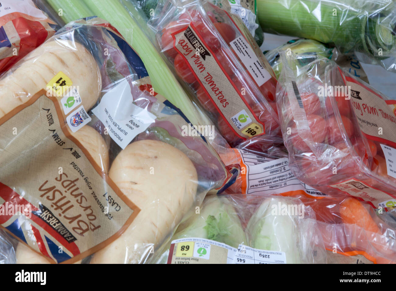 Supermarket vegetable products in plastic packaging, England, UK Stock