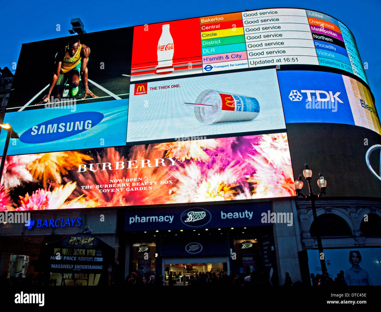 Neon billboards at Piccadilly Circus, West End, London, England Stock