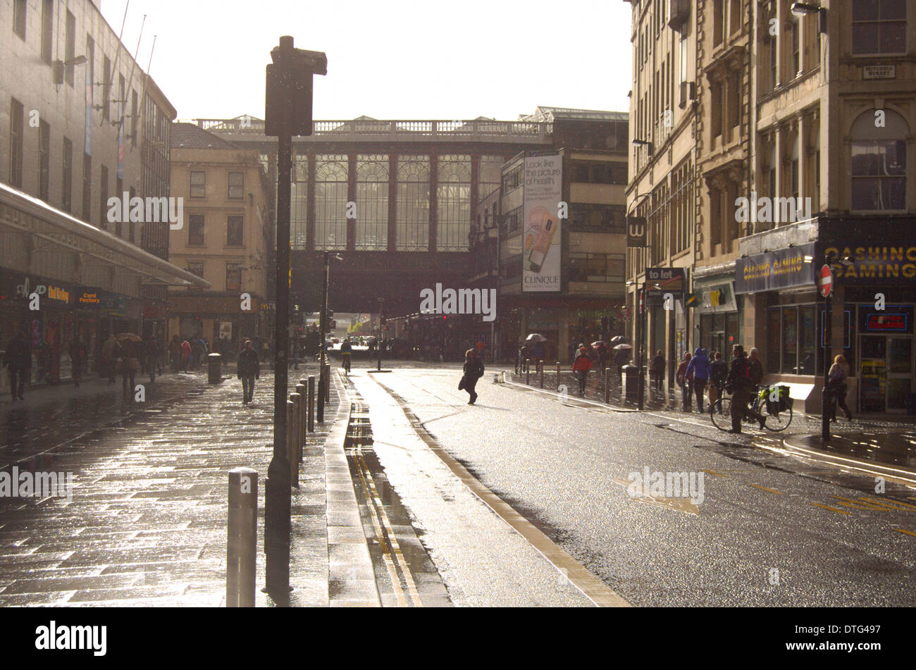 Argyle street in Glasgow, Scotland during a heavy rain shower Stock