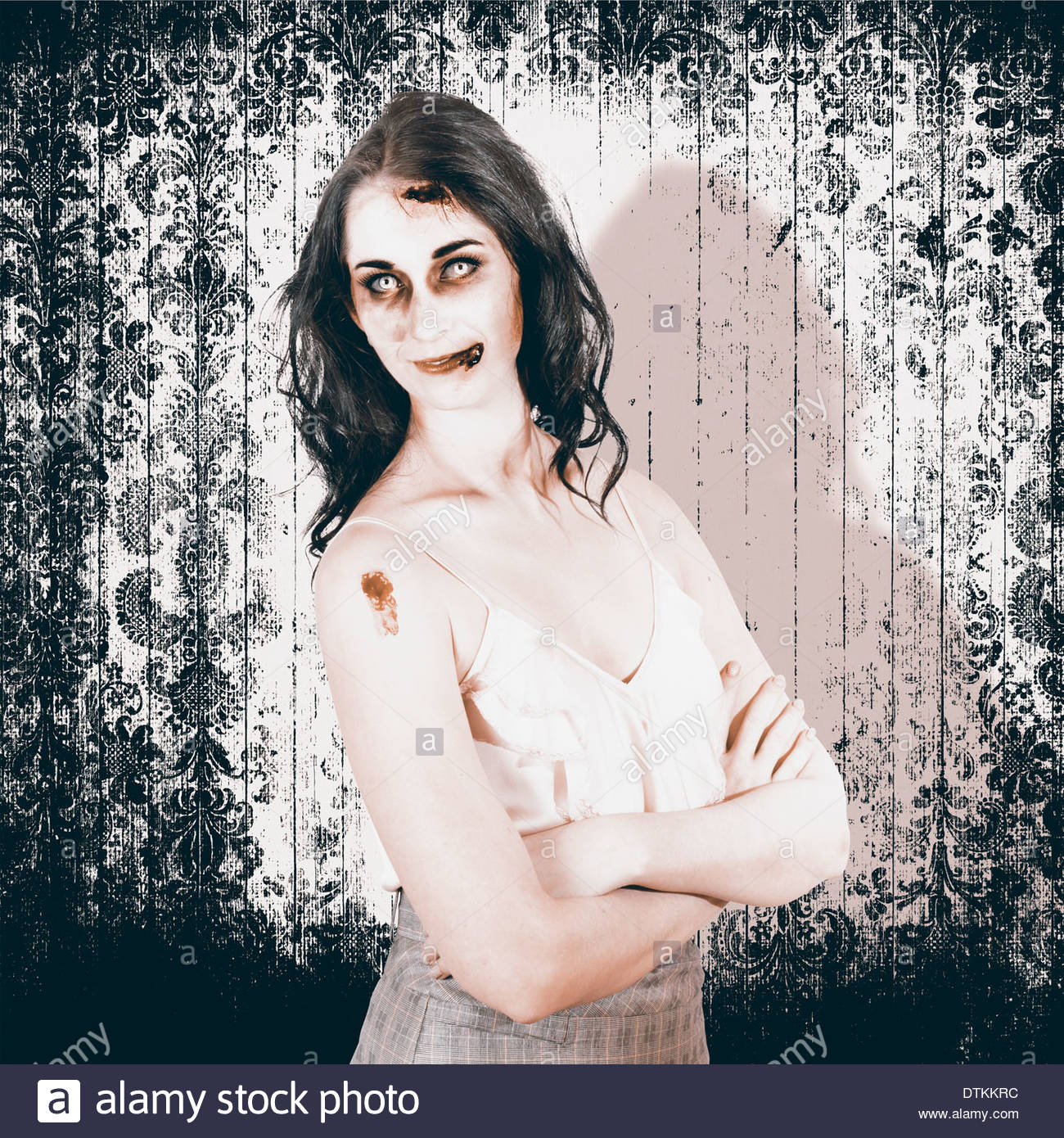 old fashion halloween monster standing with arms folded on grunge wallpaper background in a vintage nightmare concept - Old Fashion Halloween old fashion halloween monster standing with arms folded on grunge wallpaper background in a vintage nightmare concept - Old Fashion Halloween